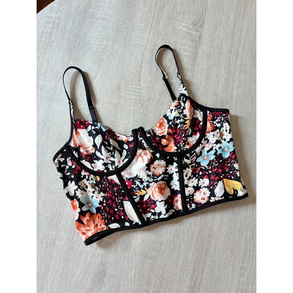 SHEIN Floral Corset Crop Top Black Underwire Hook Eye 0XL Plus Dark Romantic